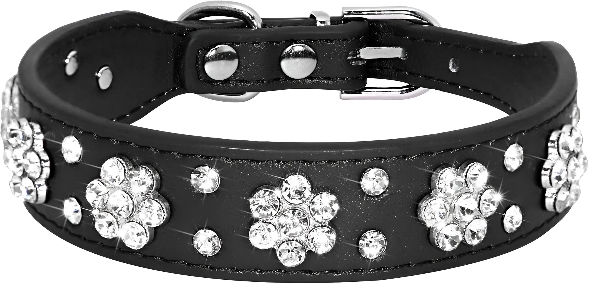 Black PU leather dog collar with rhinestone flower pattern and metal studs for small dogs