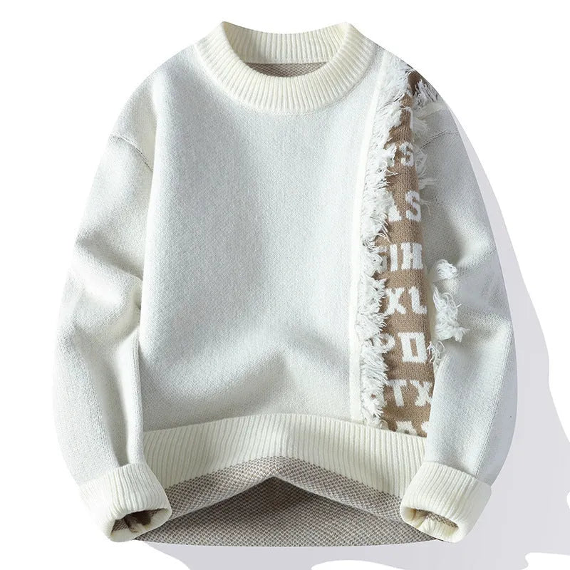Men's loose grey knitted pullover with ribbed hemline, rabbit fur blend