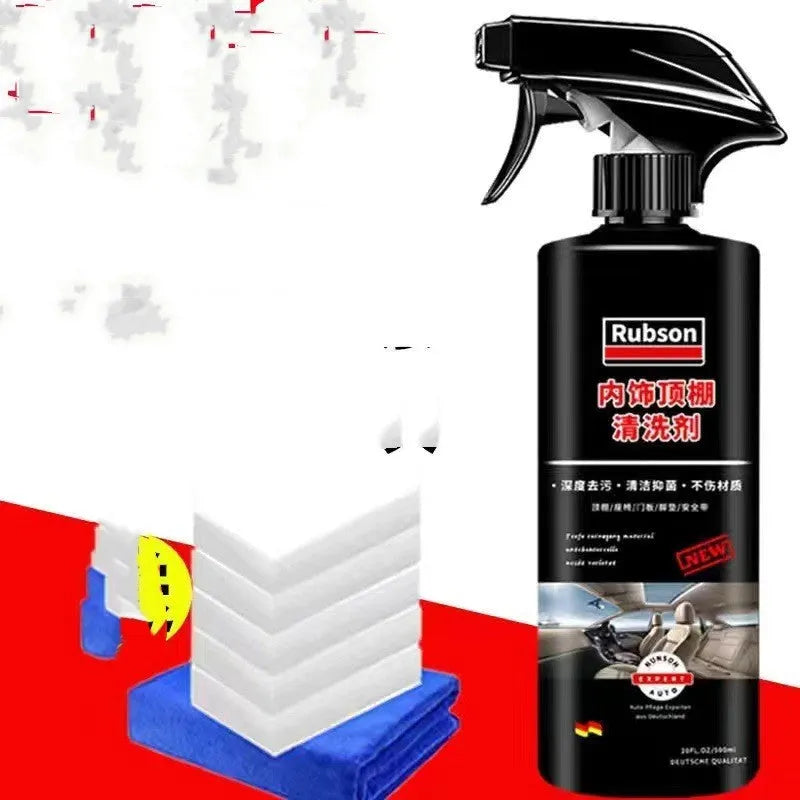 Wash free fabric roof foam cleaner kit with bottle, sponge wipes, and towel for interior vehicle ceiling cleaning