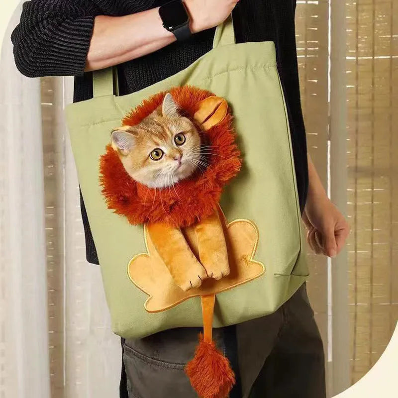 Soft canvas pet shoulder bag with cartoon pattern, shown in Light Denim colour for carrying small dogs or cats.