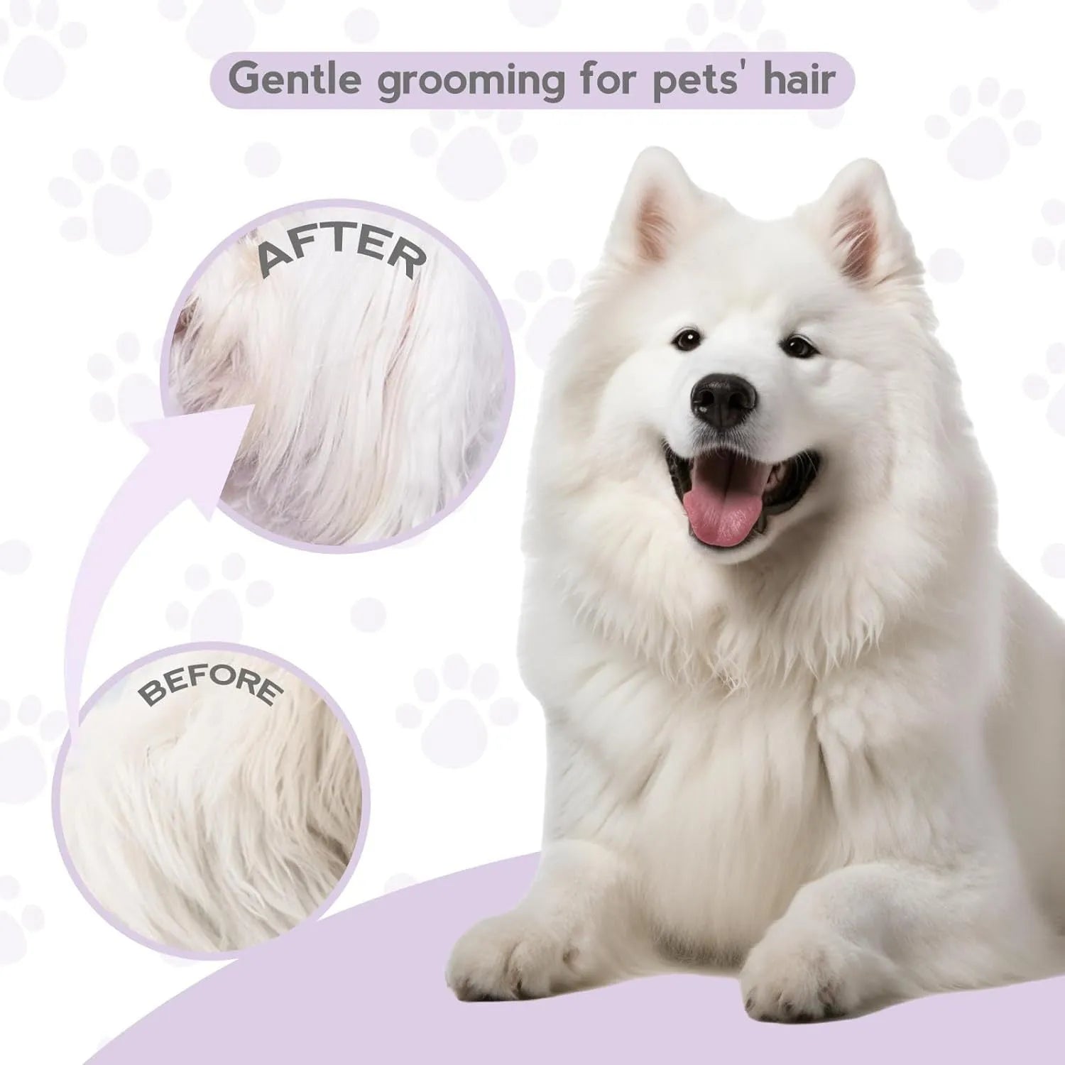 Purple pet detangling comb with stainless steel teeth on wooden surface