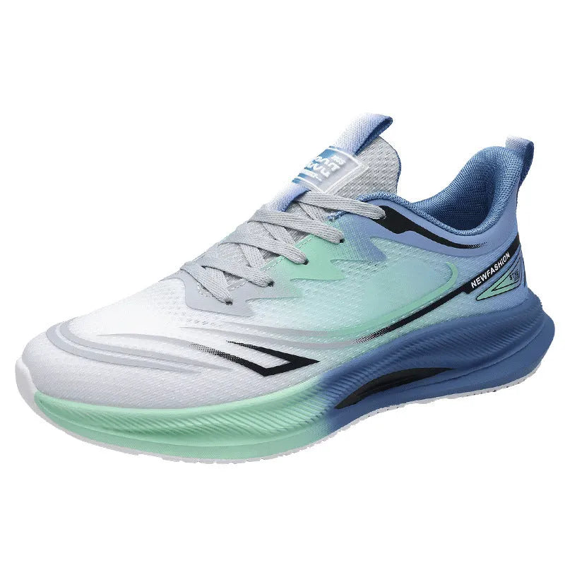 Men's solid colour casual shoes with mesh upper and rubber sole in black, blue, gray, and green options.