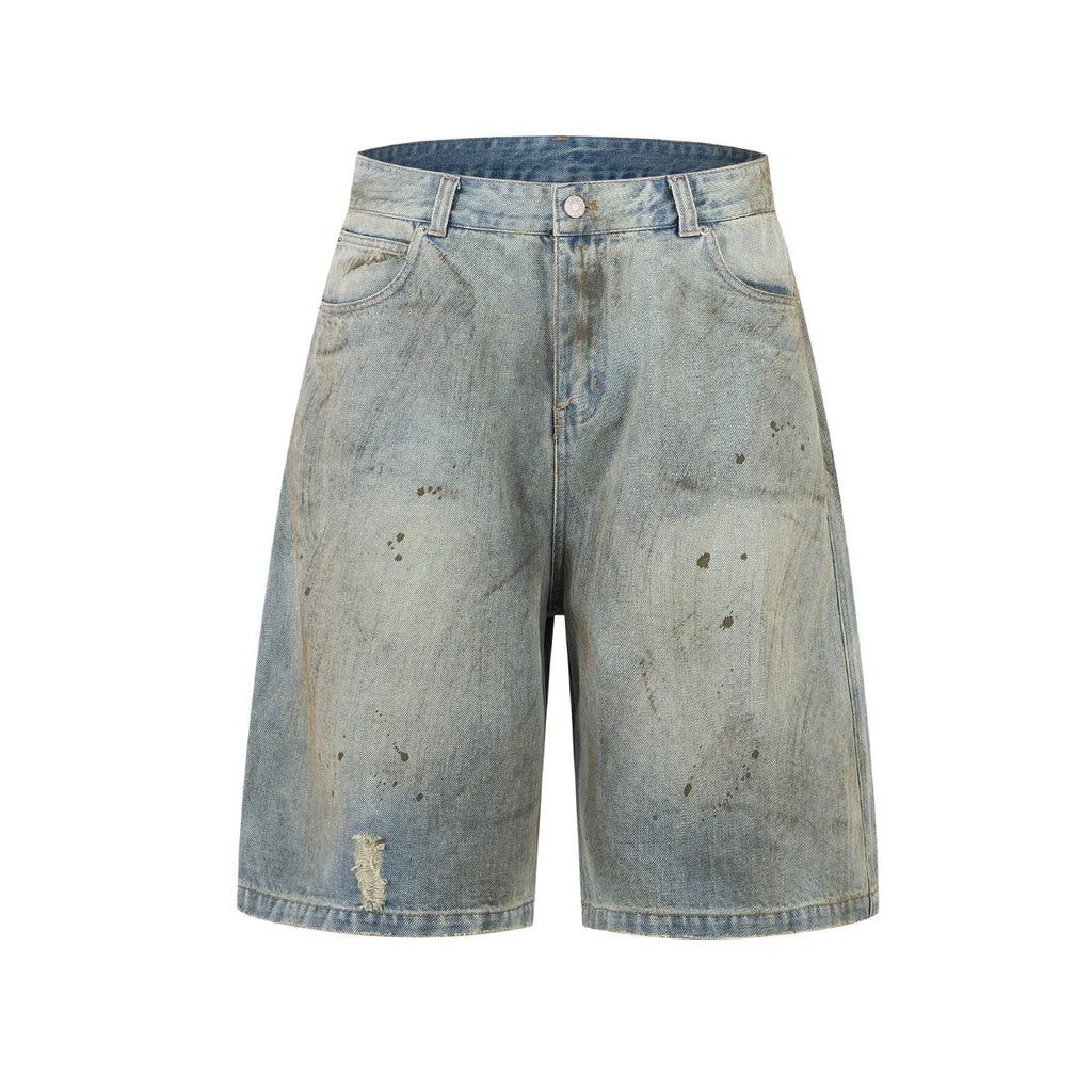 Blue cropped denim pants with straight-leg cut and zipper fly opening in street fashion style