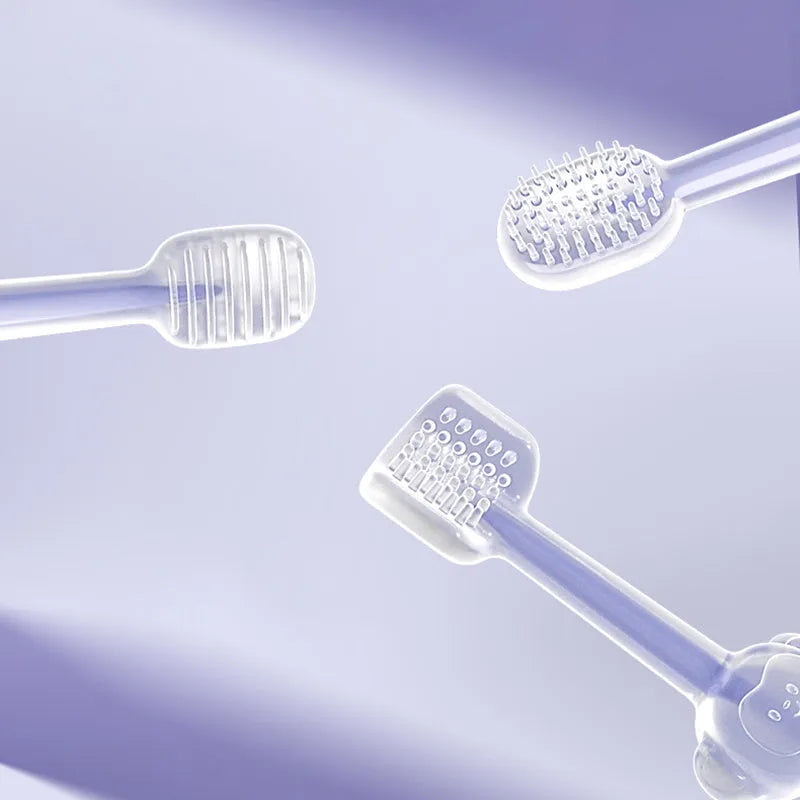 Purple pet toothbrush with soft silicone bristles for dog and cat dental cleaning
