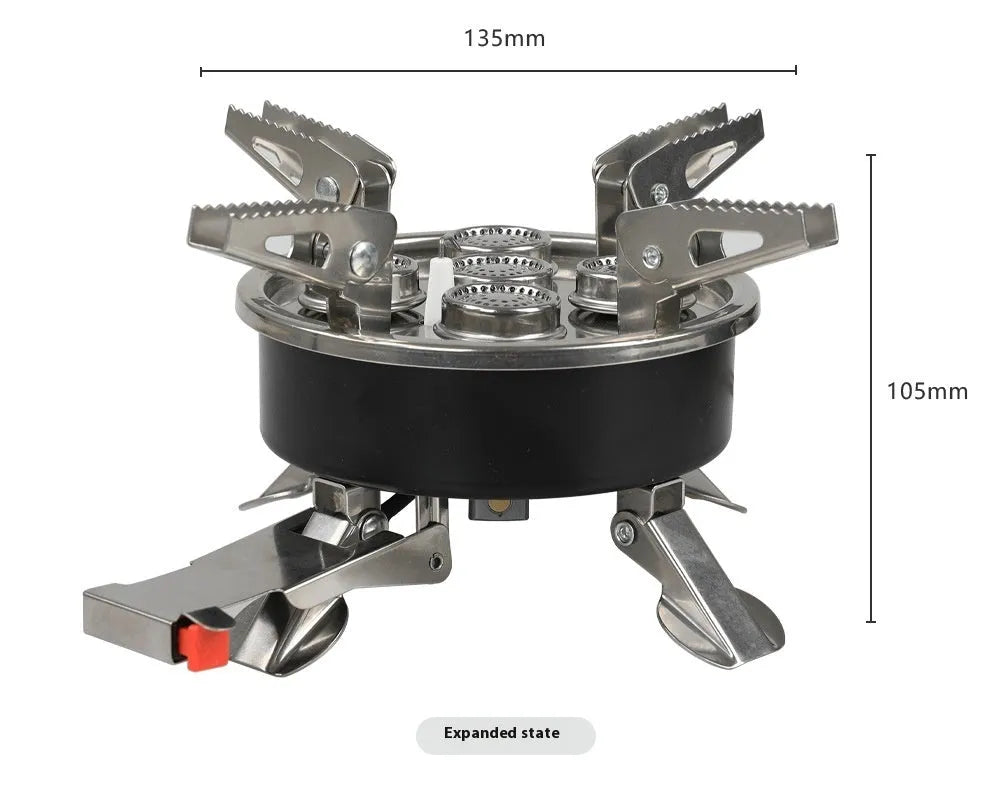 Silver portable split camping stove with hose, dimensions 155mm by 125mm.