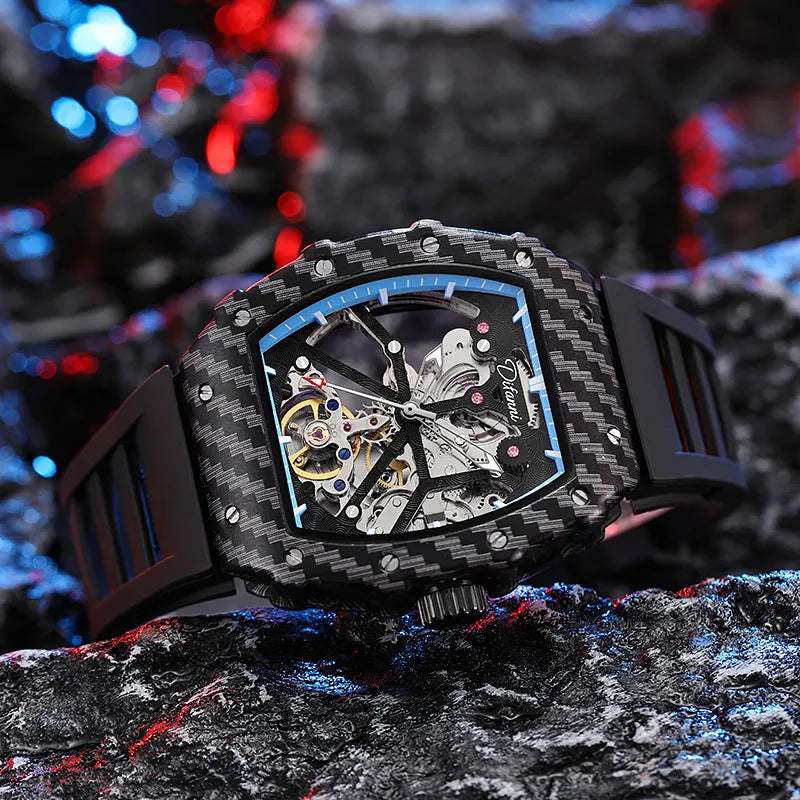 Men's mechanical waterproof watch with luminous dial, rubber strap and see-through case back showing movement