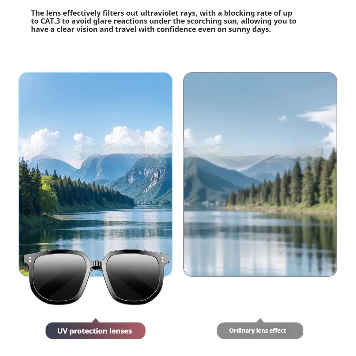 Black AI smart glasses with Bluetooth audio and UV protection lenses.