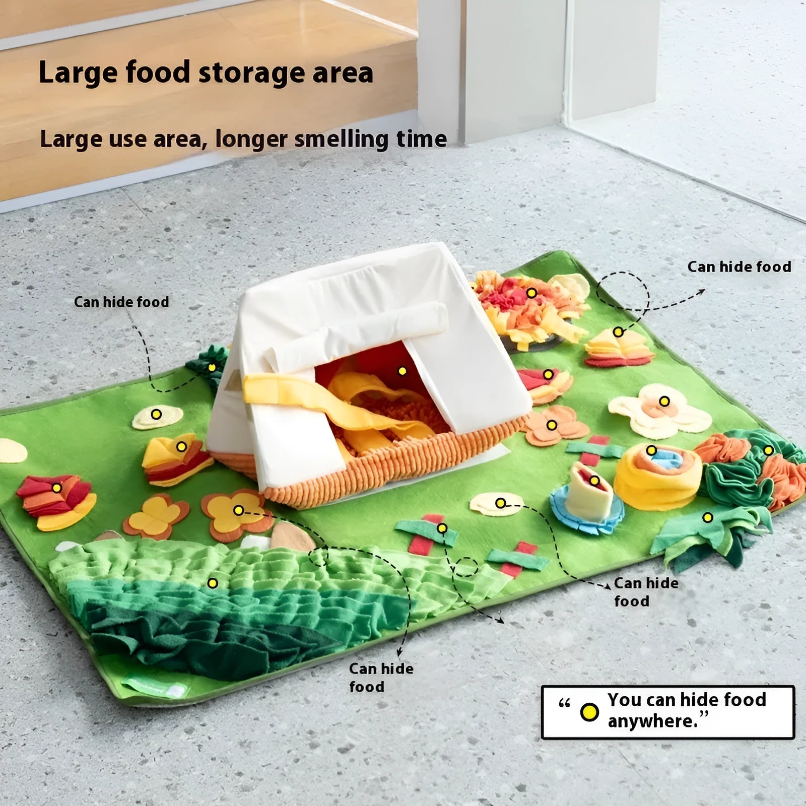 Fabric dog sniffing mat enrichment toy on a floor, Garden Camping theme.