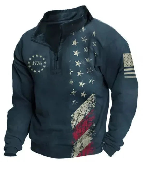 Men's loose fit long sleeve t-shirt with retro stripe prints and zip decorations