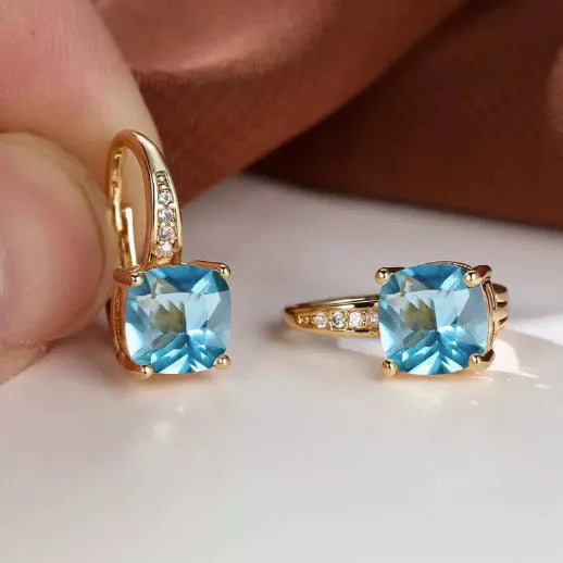 Square geometric ear clip earrings with colourful moissanite inlay on gold electroplated finish