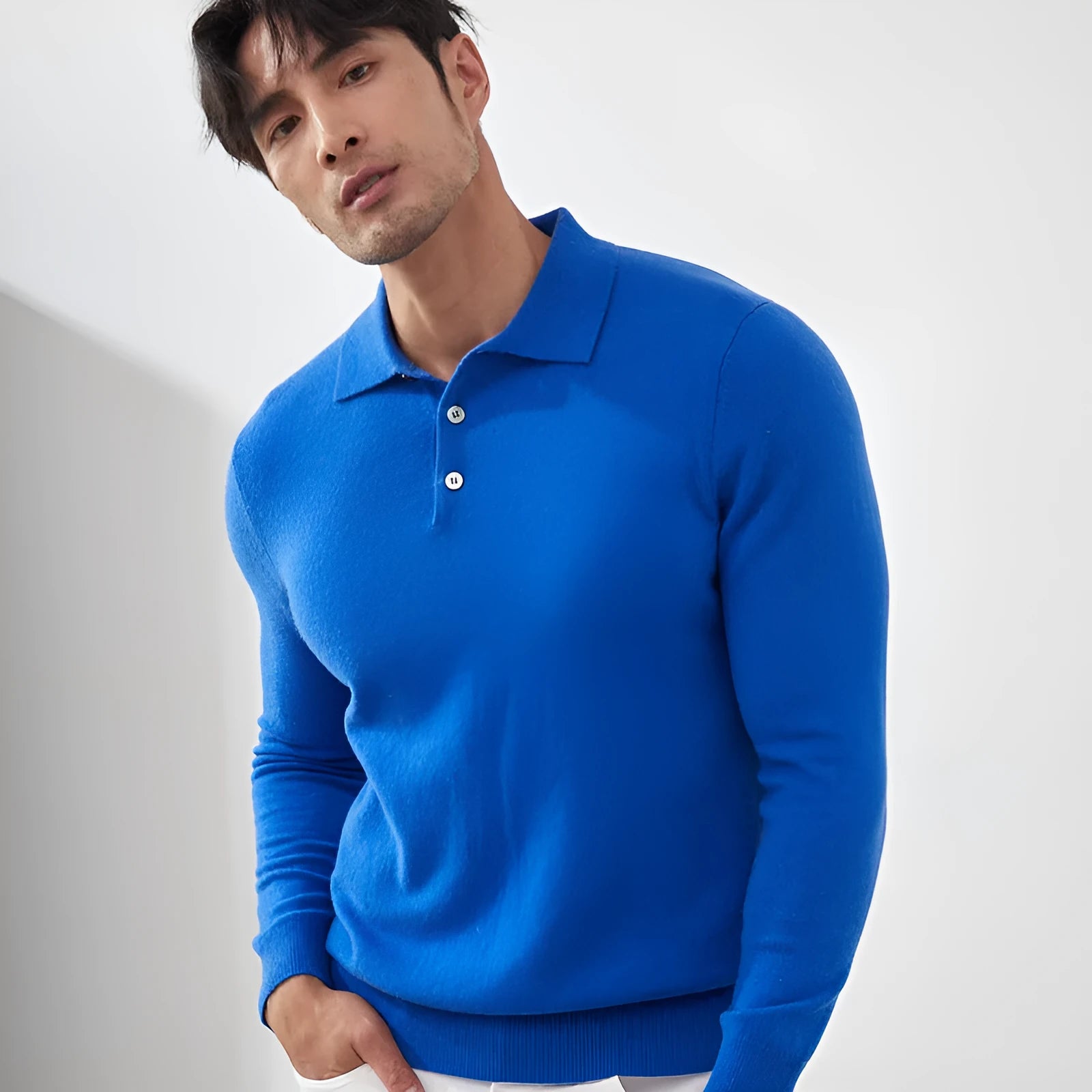 Men's sapphire blue cashmere polo collar loose fit pullover sweater