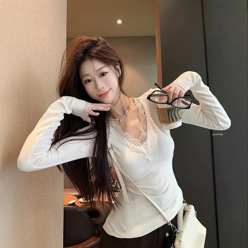 Women white V-neck long sleeve top with lace stitching in polyester knit slim fit