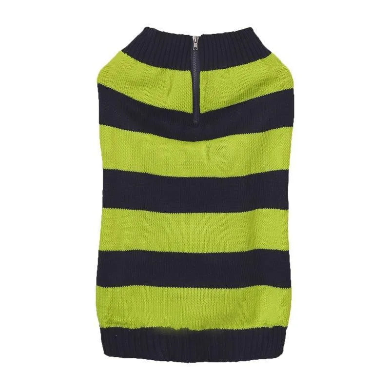 Grey dog sweater with horizontal zipper and button-accented pockets for small medium breeds