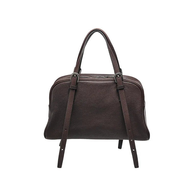 Women's black genuine leather retro shoulder bag with horizontal square design and double straps