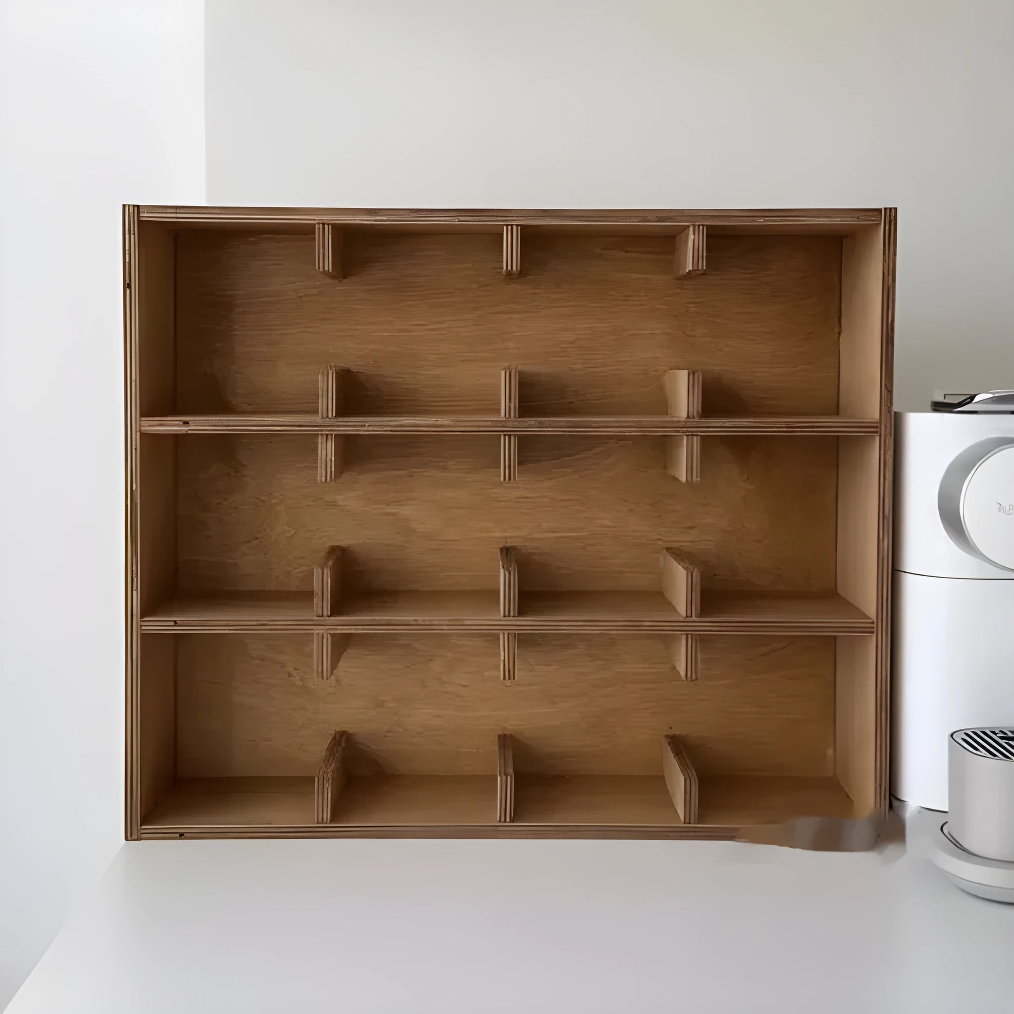 Square solid wood storage rack with multiple grid tiers in a natural birch wood finish.