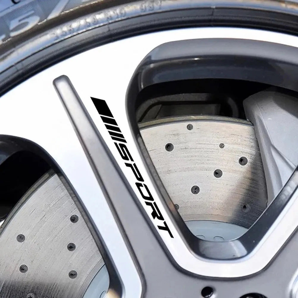 Hollow pattern sports design car rim stickers in black, red, and white colours