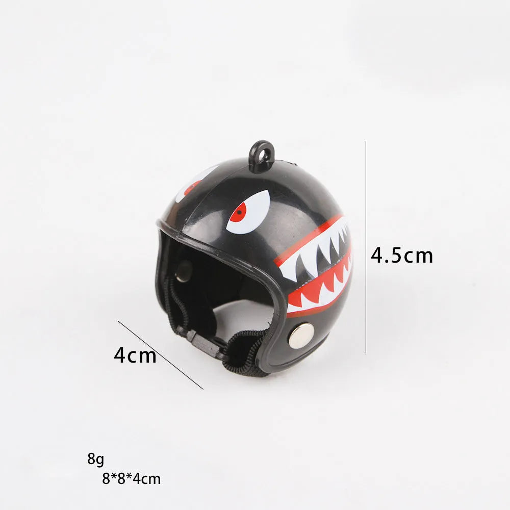 Small hard plastic helmet with elastic straps and sponge lining for a chicken or pet bird.