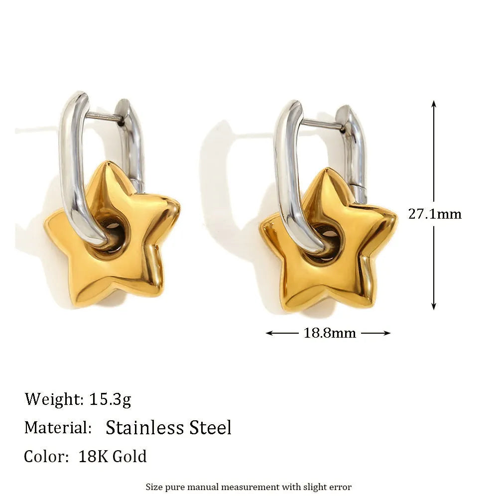 Gold electroplated women's jewellery set with geometric earrings, bracelet, and necklace on stainless steel