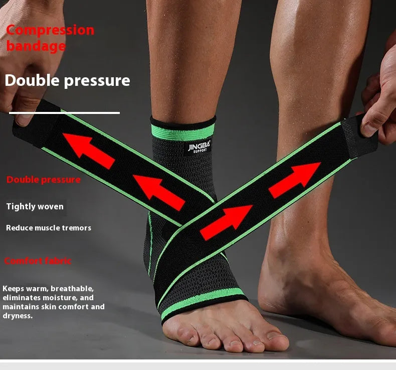 Black sports ankle support strap with Velcro fastener, shown unwrapped.