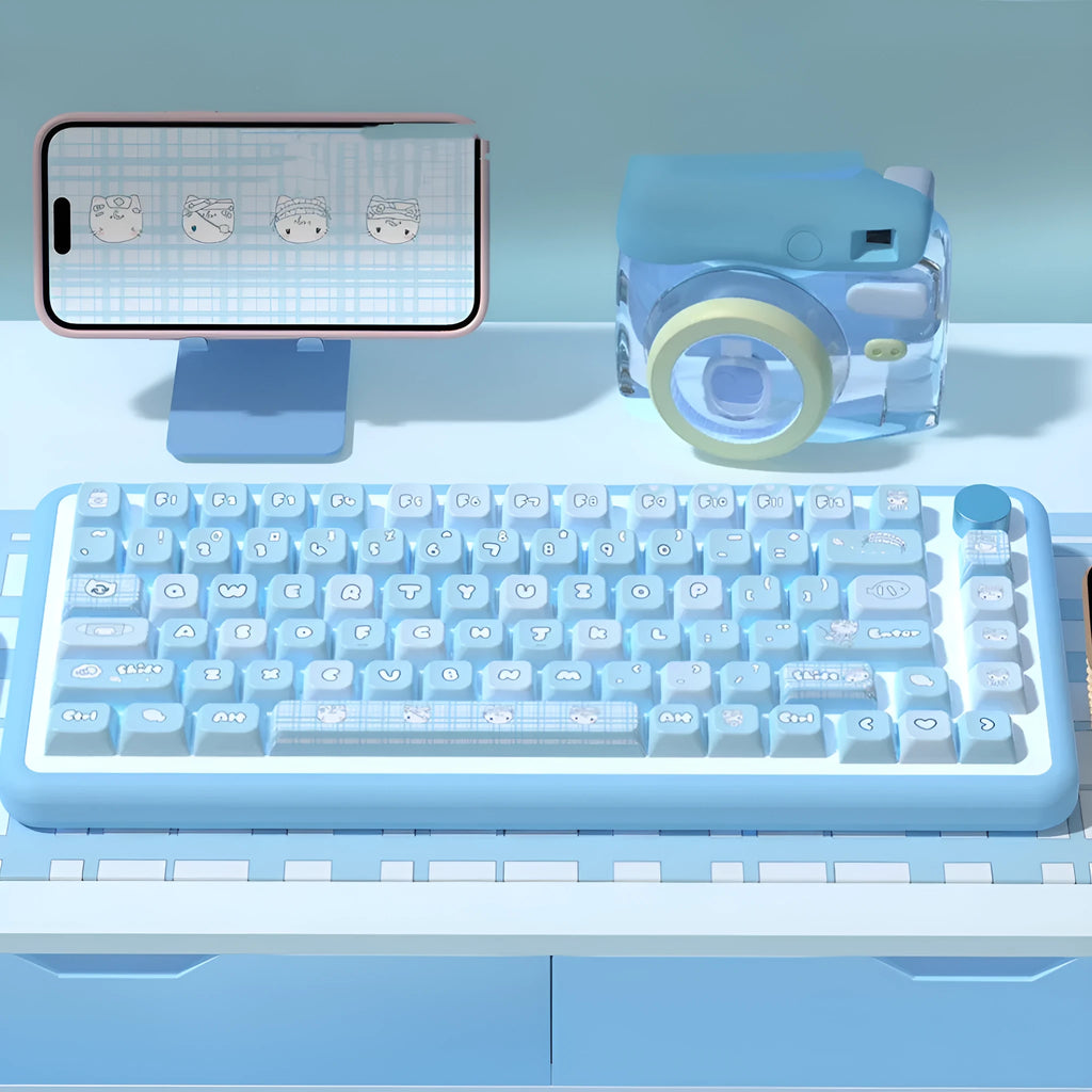 Watercolour kitten custom PBT keycap set for mechanical keyboards, showing 138-key and 158-key full set options
