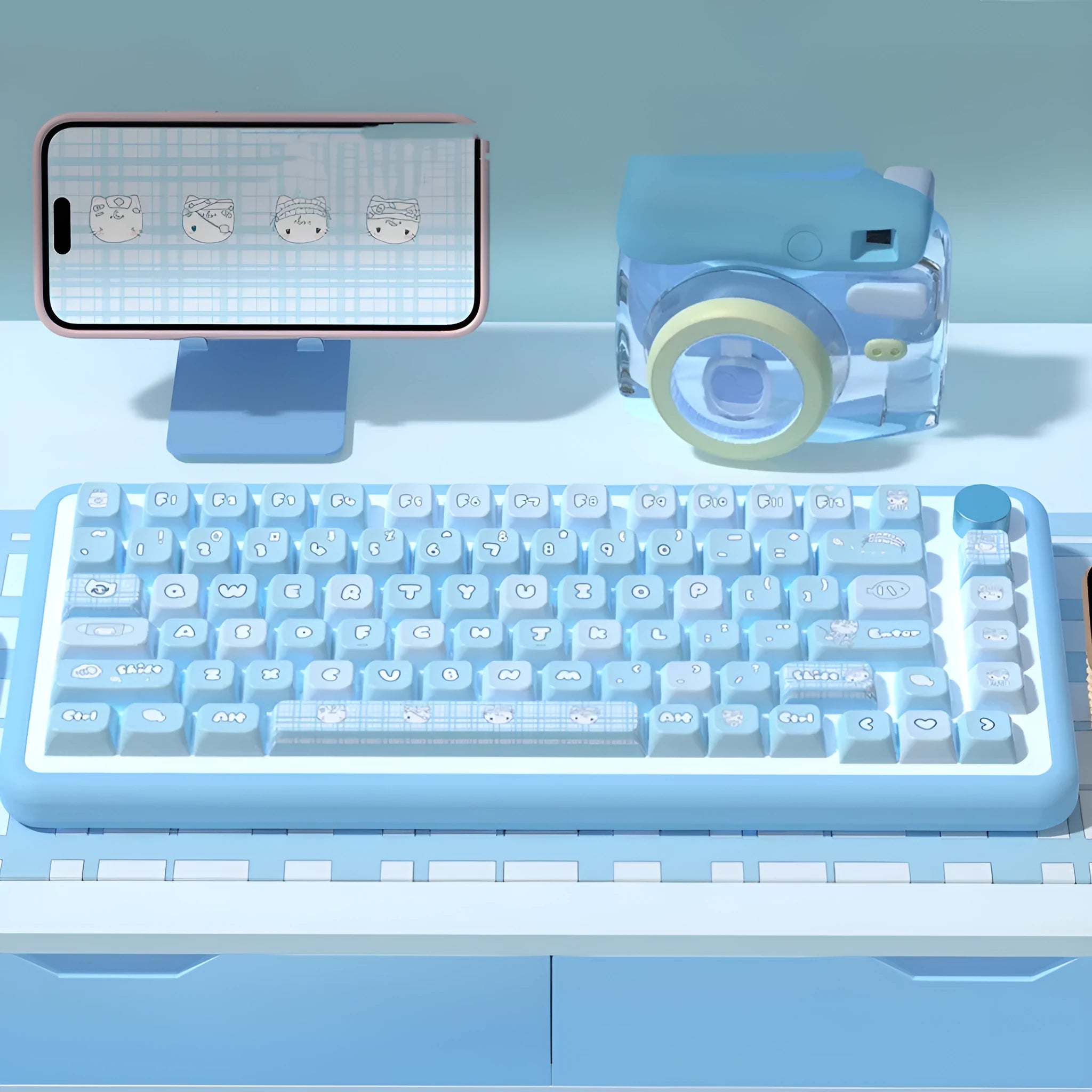 Watercolour kitten custom PBT keycap set for mechanical keyboards, showing 138-key and 158-key full set options