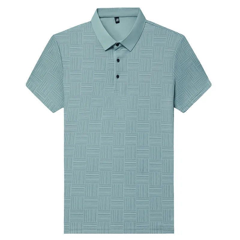 Men's lapel neck slim fit t-shirt in green, showing the casual collar design and lightweight fabric.