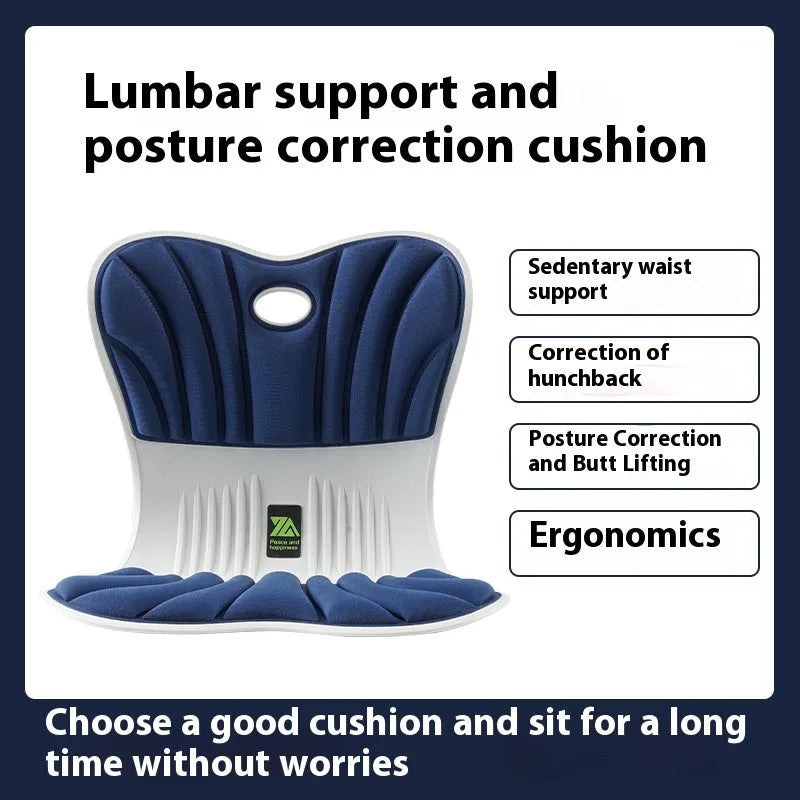 Gray ergonomic office seat cushion with integrated waist support design on wooden chair