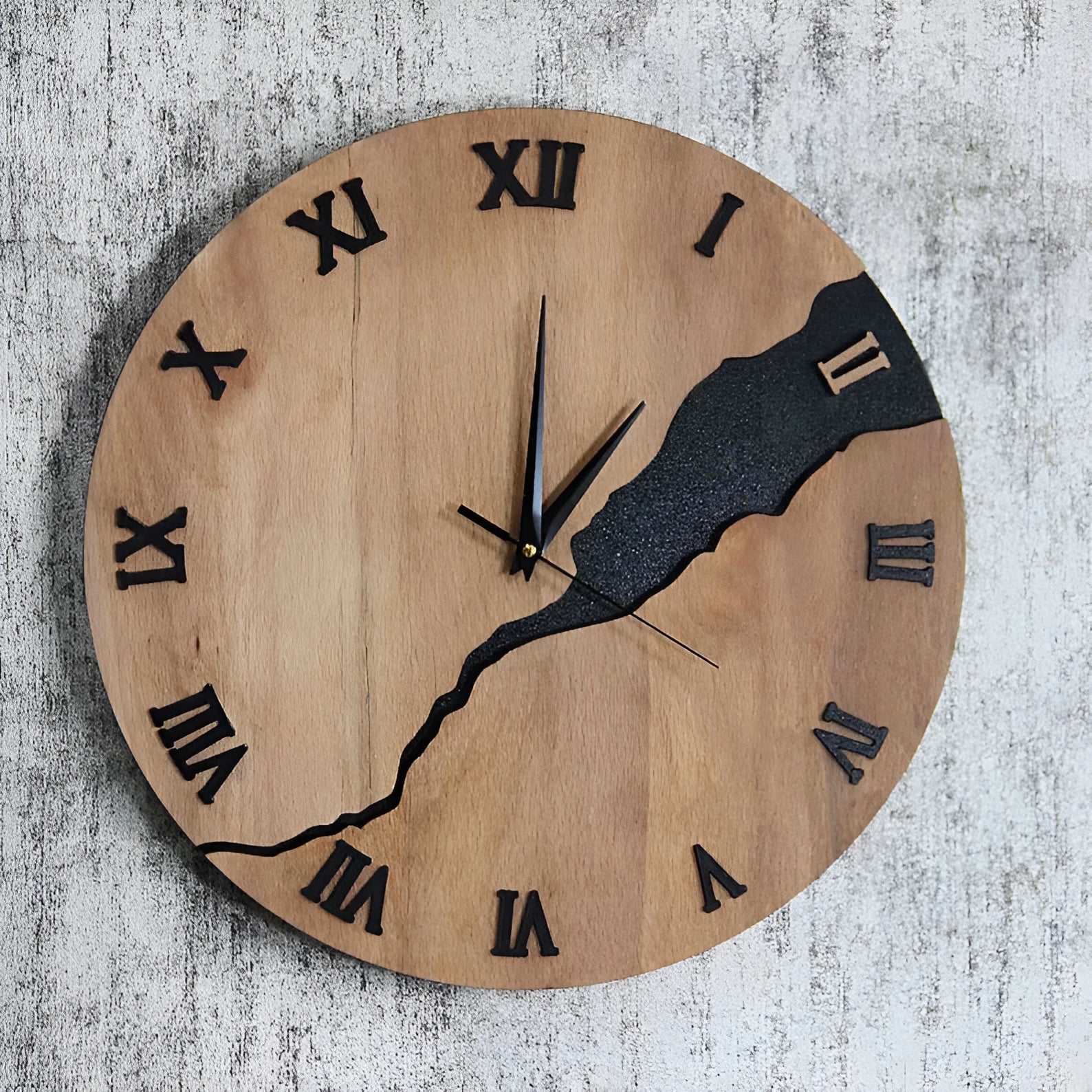 Modern wooden wall clock with cracked finish and Arabic numerals in contemporary home setting