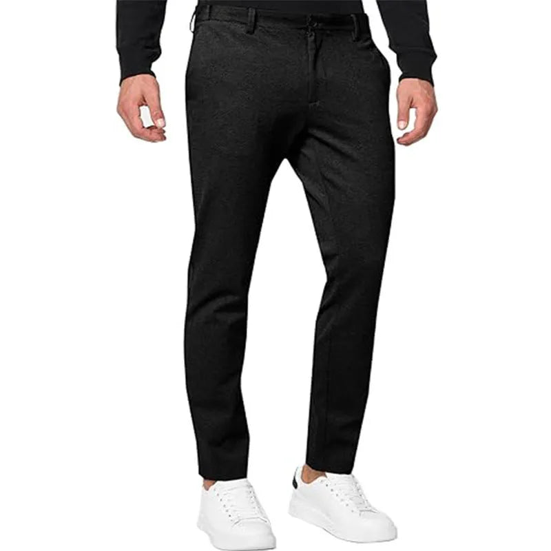 Men's slim-fit tapered chino trousers in khaki colour with stretch cotton blend fabric