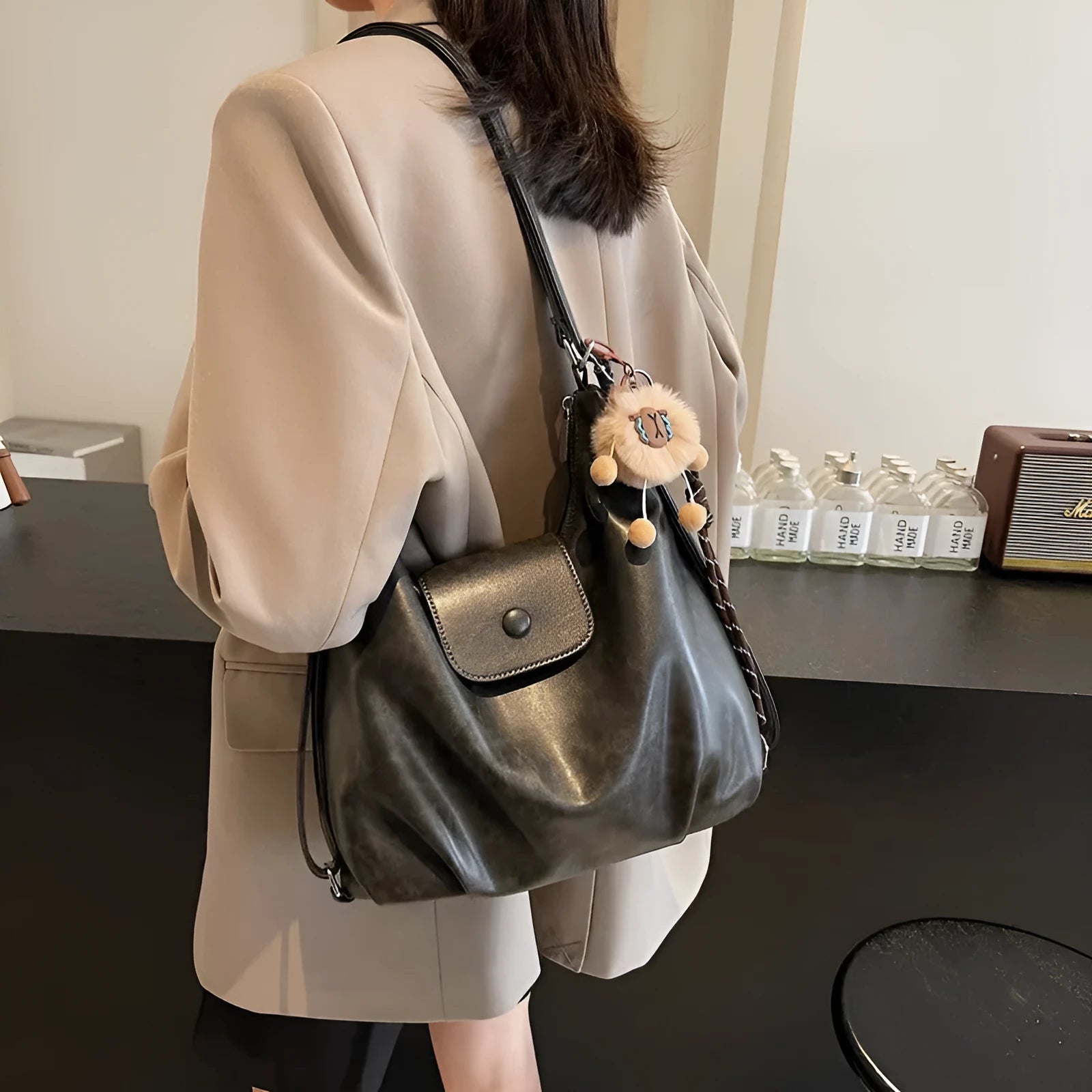 PU leather women's shoulder bag in urban style with mobile phone compartment