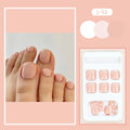 Fashion personality plastic toe nail stickers in skin colour with glue bottle for application.