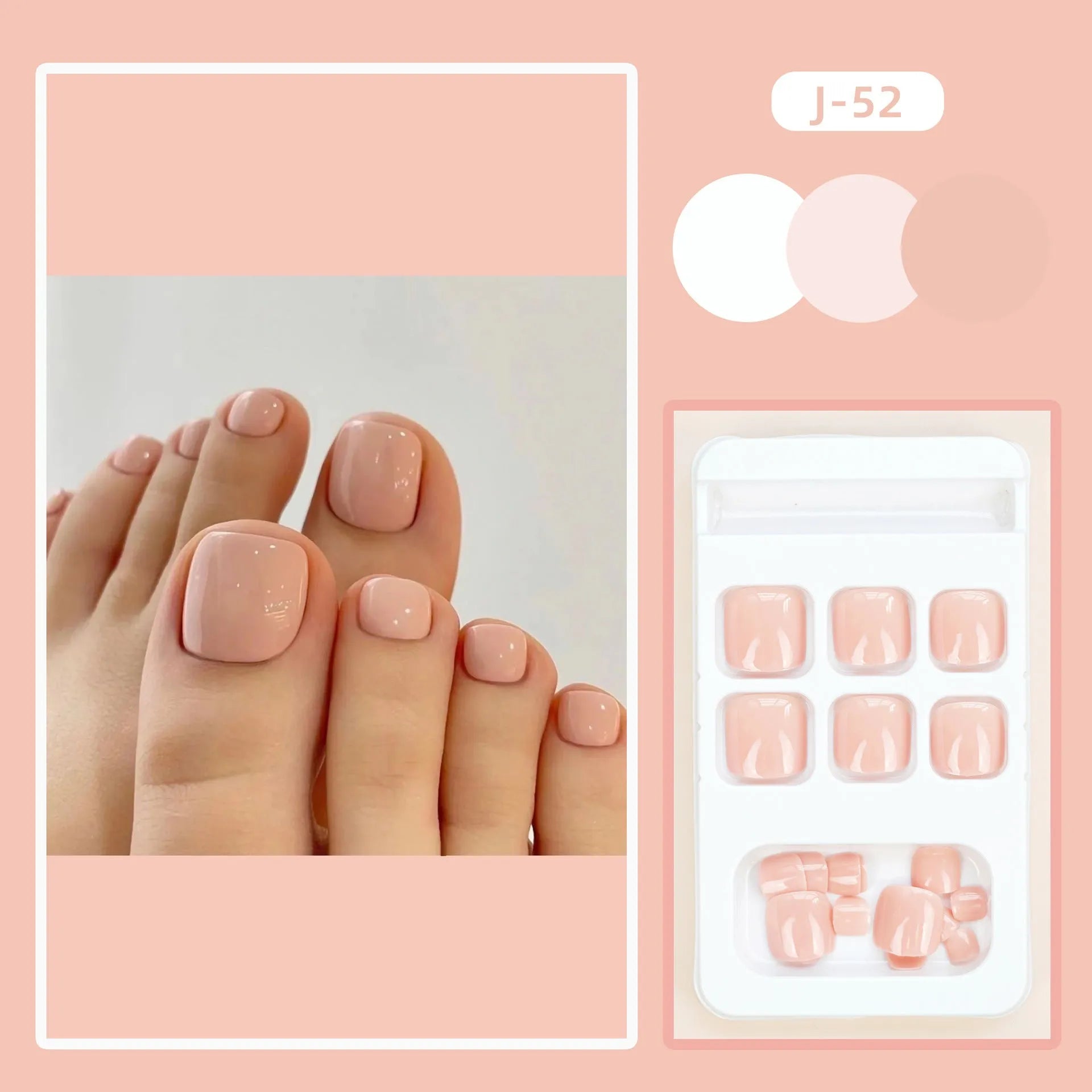 Fashion personality plastic toe nail stickers in skin colour with glue bottle for application.