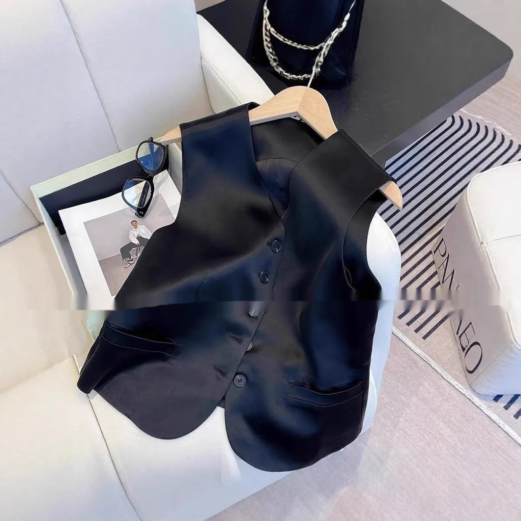 Black satin women's sleeveless vest with loose fit and normal length