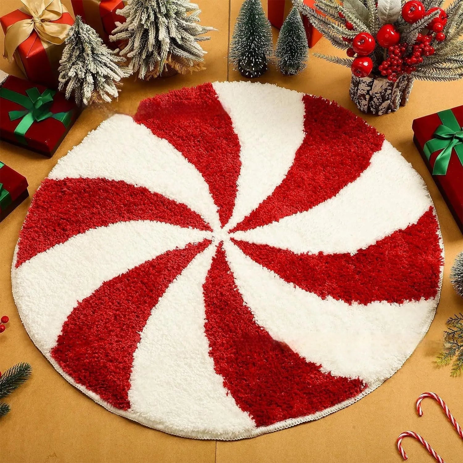 Christmas round pad polyester carpet mat in festive printed design on floor.