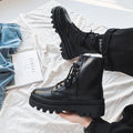 Black men's platform Dr Martens style boots with side zip and lace-up front, frosted leather exterior