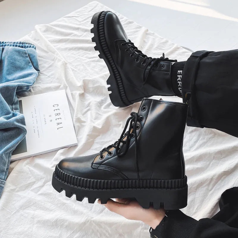 Black men's platform Dr Martens style boots with side zip and lace-up front, frosted leather exterior