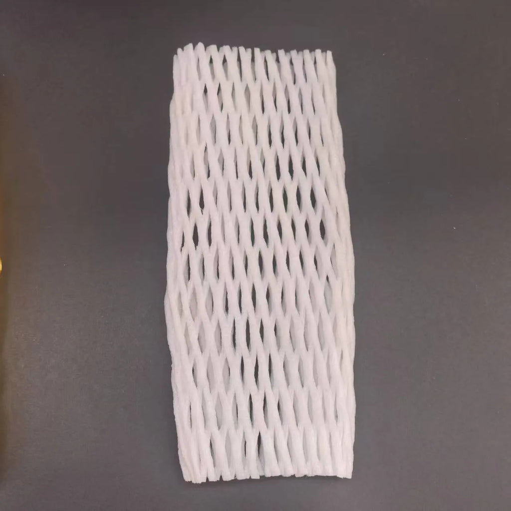 White foam shockproof protective net cover for fruit, shown in various sizes.