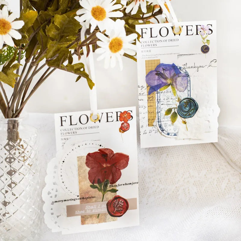 70mm square PET dried flower journal stickers showing eight colour themes including dark night purple and rose nebula