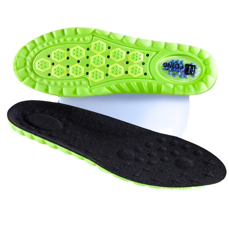 Green PU sports insoles with air cushion design and argy wormwood, shown alongside a size chart.