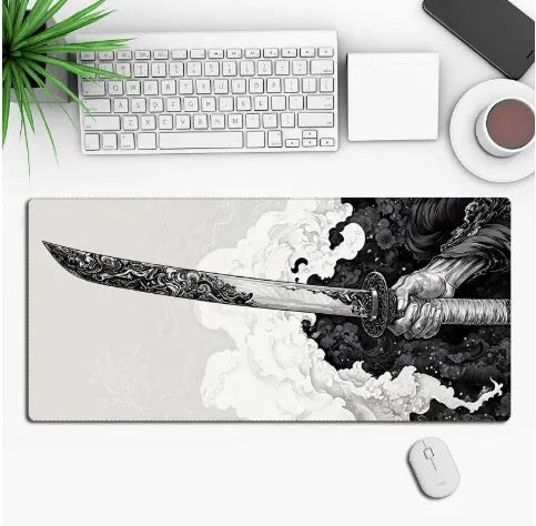 Anime-themed gaming mouse pad on a desk, showing non-slip rubber base and printed cloth surface.