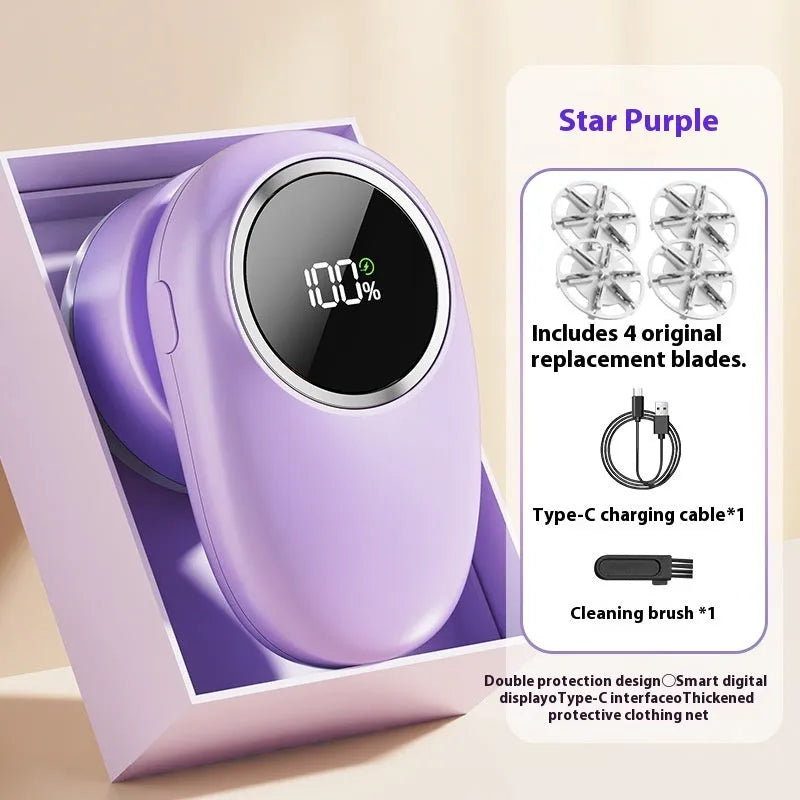 Purple and beige fur ball trimmer with digital display and multiple cutter head options