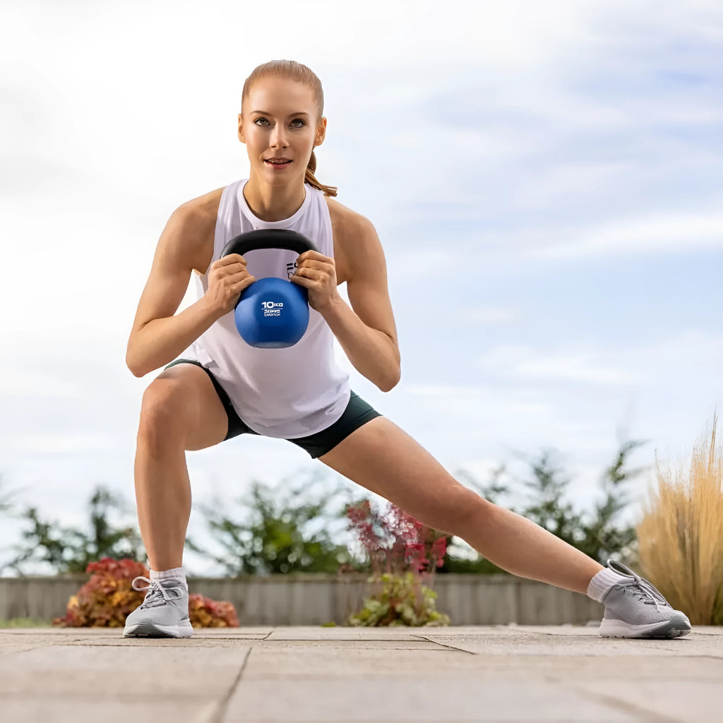 Blue cast iron teapot-shaped dumbbell weighing 10kg on a plain background.