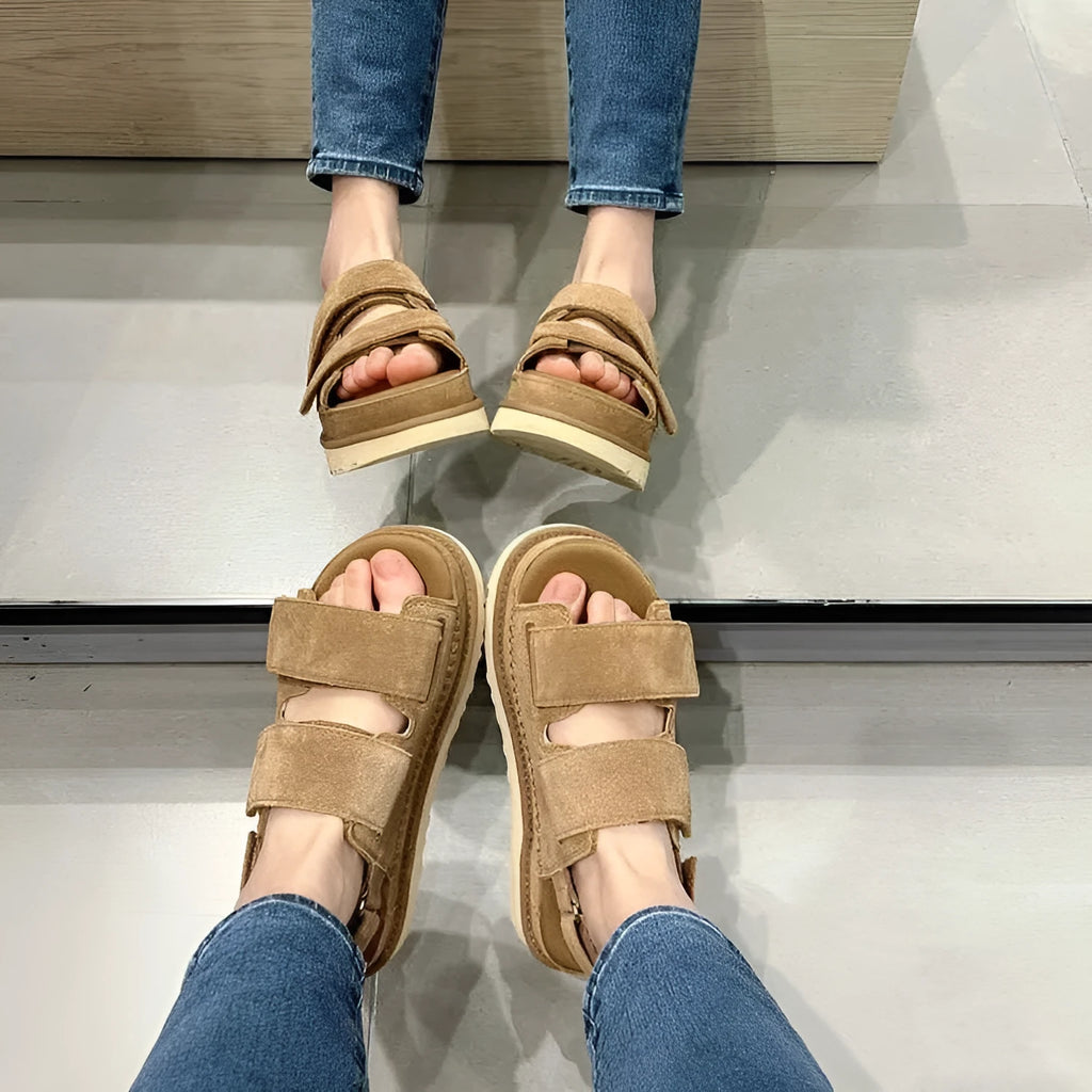 Women's maroon suede peep toe platform sandals with a Velcro strap fastening.