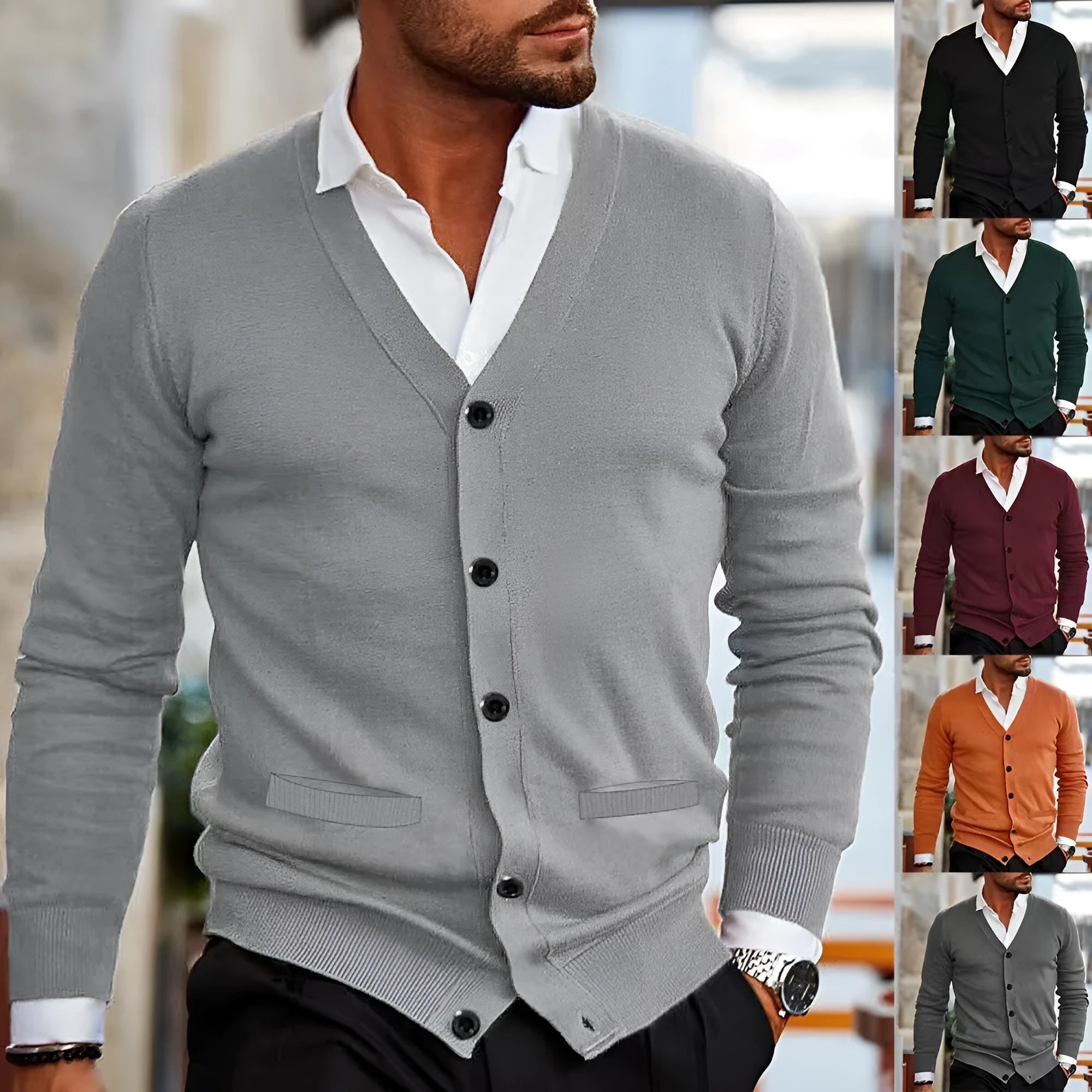 Men's slim fit acrylic cardigan in wine red colour, shown as an autumn sweater coat.