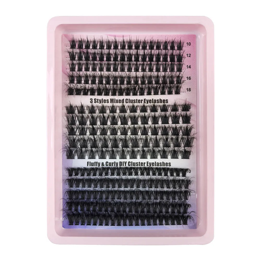 Box of assorted messy style false eyelashes showing multiple lash sets on a clear tray