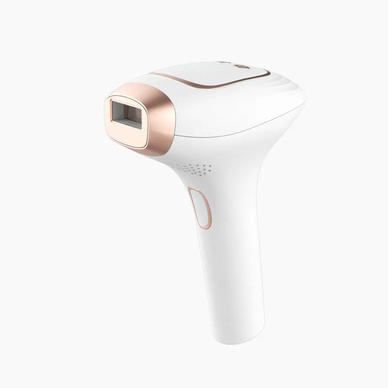 Pink and white laser hair removal device with ice-sensing technology and included accessories