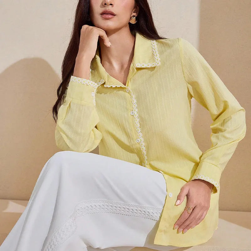 Yellow polyester lace cardigan top with long sleeves and stitching details