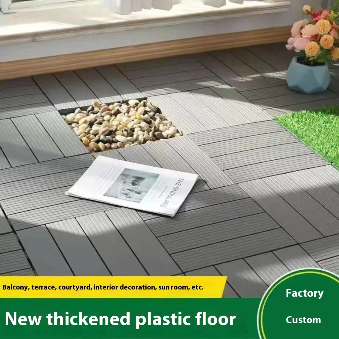 Pack of ten wood grain plastic interlocking floor tiles showing splicing edges.