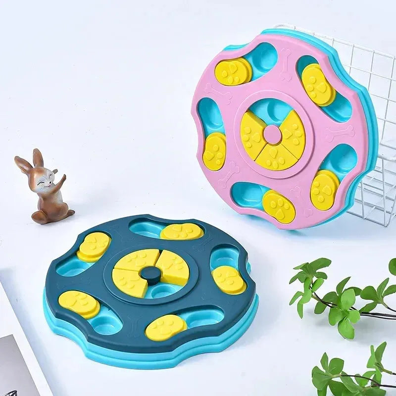 Blue dog puzzle toy feeder with compartments for interactive food search games.