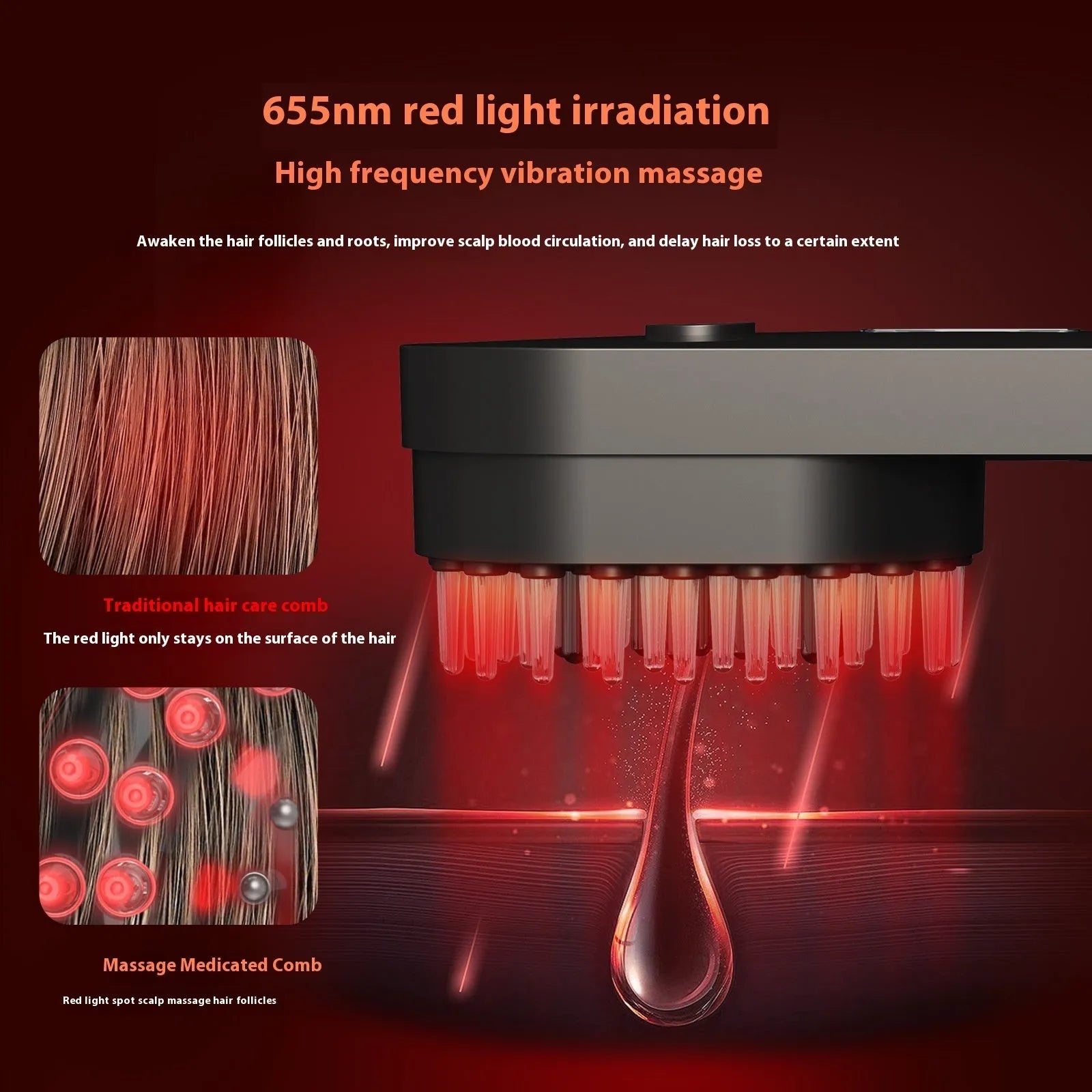Smart massage comb with red light therapy function in pink colour